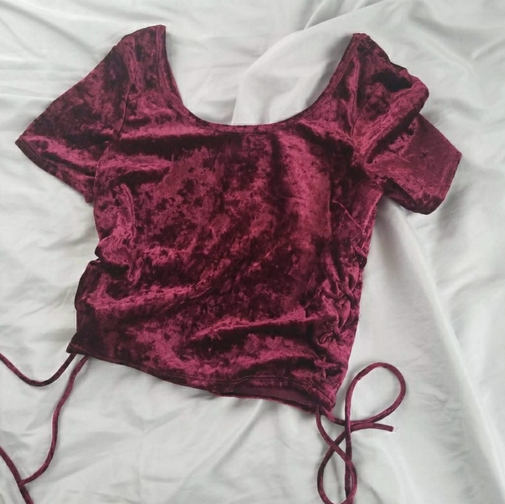 Lace up burgundy velvet crop top